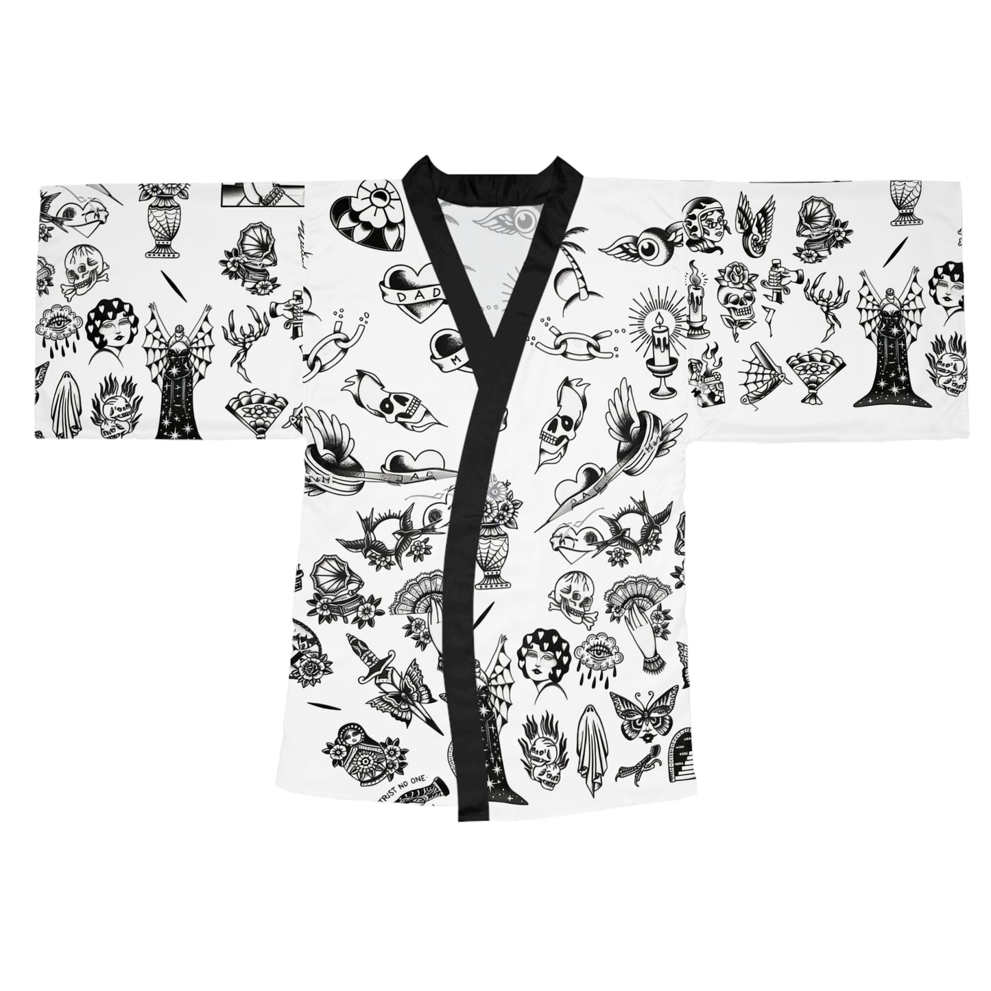 Silken Tattoo-Style Kimono Robe — Mid-Length Bell Sleeve Lounge & Evening Wrap