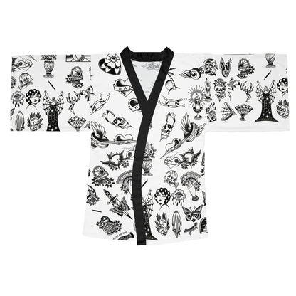 Silken Tattoo-Style Kimono Robe — Mid-Length Bell Sleeve Lounge & Evening Wrap