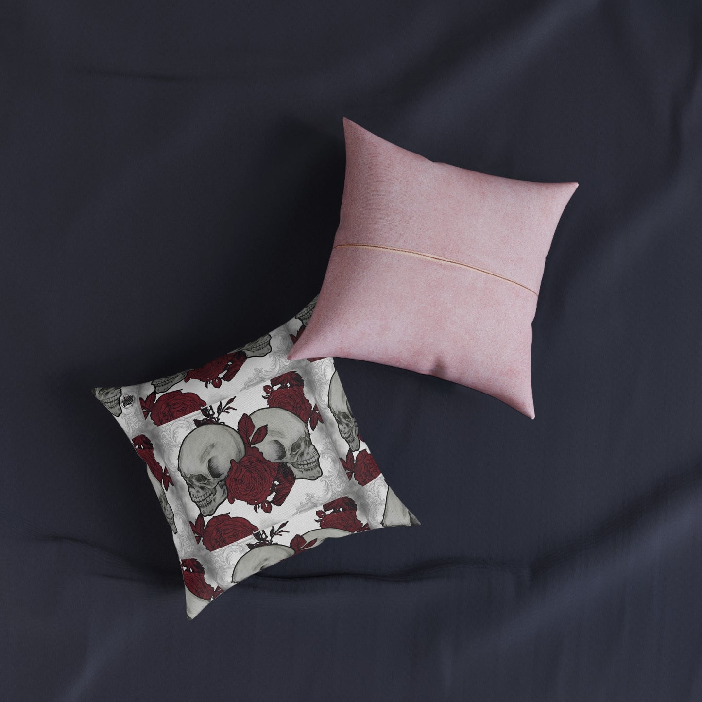 Skulls and Roses - Square Pillow - Pink Back cruelty-free faux suede