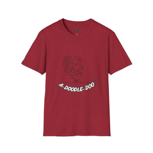 Red t-shirt with a graphic and text on a white background