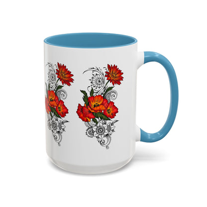 Orange & Red Poppy Flowers Original Tattoo Artwork - Coffee Mug (11oz & 15oz) Your choice of Interior & Handle choices