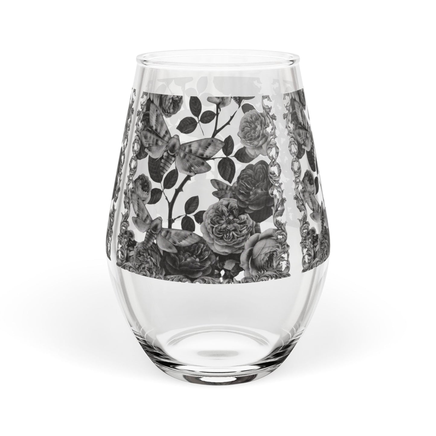 Black Rose Moths Stemless Wine Glass — Floral 11.75 oz Decorative Glassware