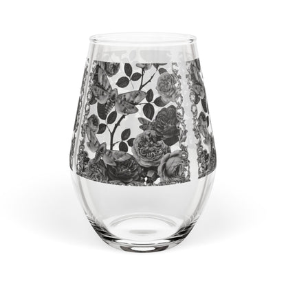 Black Rose Moths Stemless Wine Glass — Floral 11.75 oz Decorative Glassware