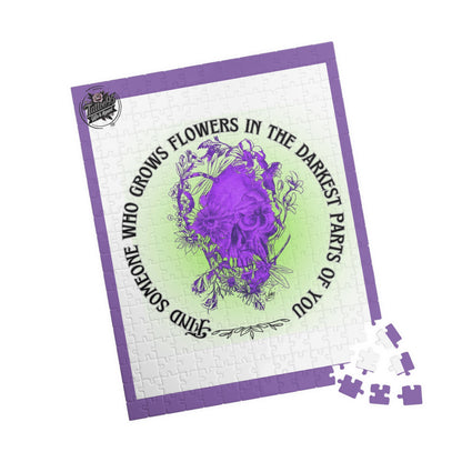 Floral Skull and Dragonfly Tattoo Art (Purple) - Find Someone Who Grows Flowers in the Darkest Part of You  - Jigsaw Puzzle — PIECES are 110, 252 and 520 Glossy Finish