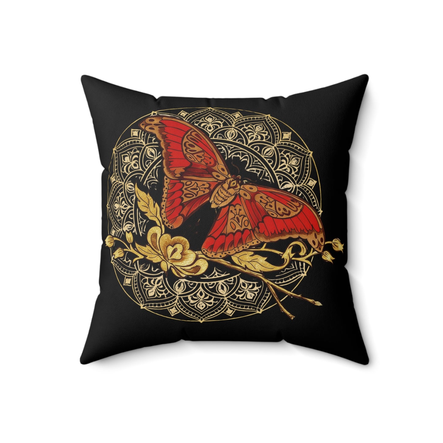 Red & Gold Moth Tattoo Pillow — Spun Polyester Decorative Black