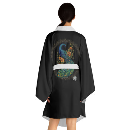 Floral Peacock Mandala - Kimono Robe — Mid‑Length Silk‑Like Wrap
