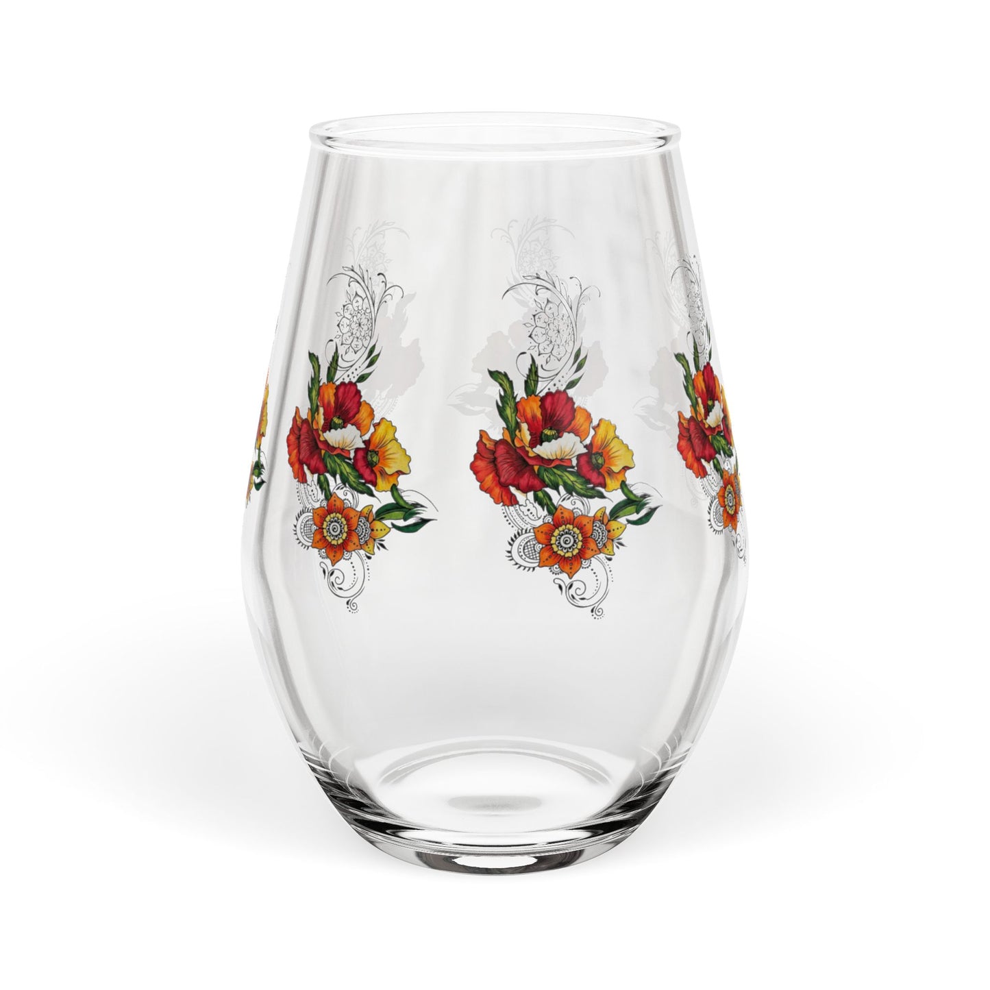 Orange & Red Poppy Flowers Original Tattoo Artwork - Stemless Wine Glass, 11.75oz