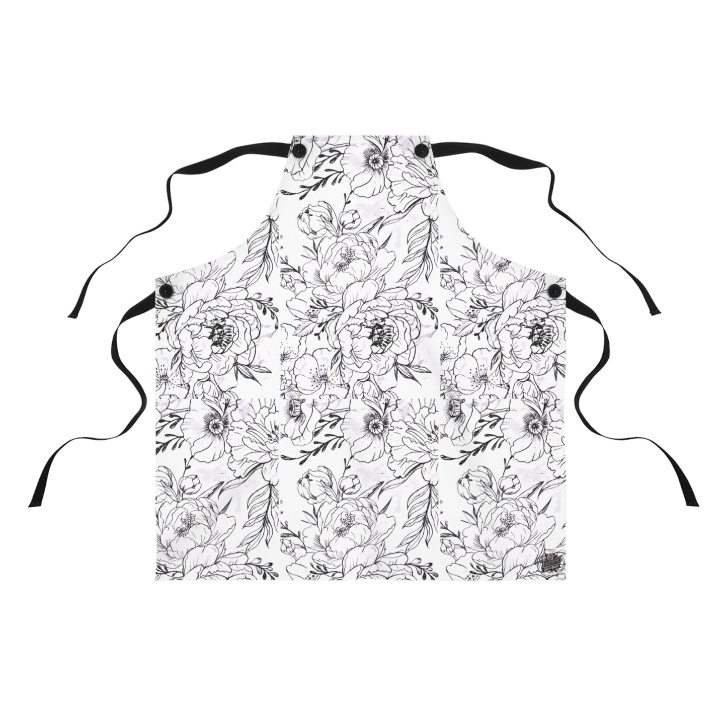 Peonies Tattoo Artwork - White Apron - Black Floral Artwork
