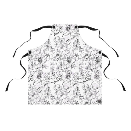 Peonies Tattoo Artwork - White Apron - Black Floral Artwork