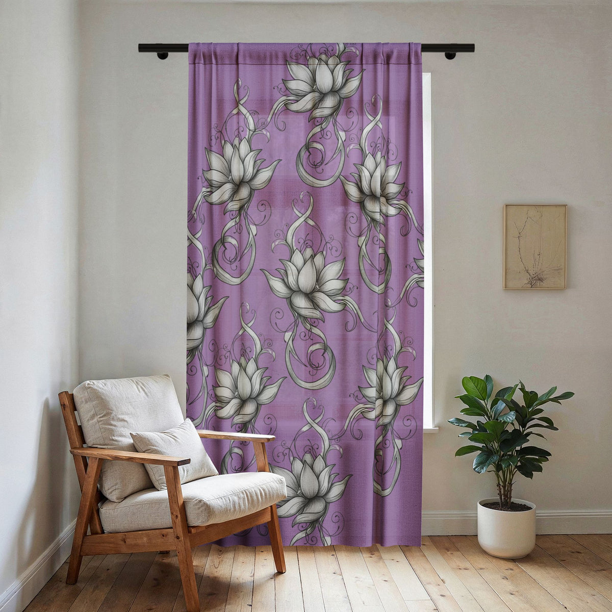 Lotus Vines on Purple Sheer Window Curtain - Lightweight Semi-Transparent Panel (50" x 84")