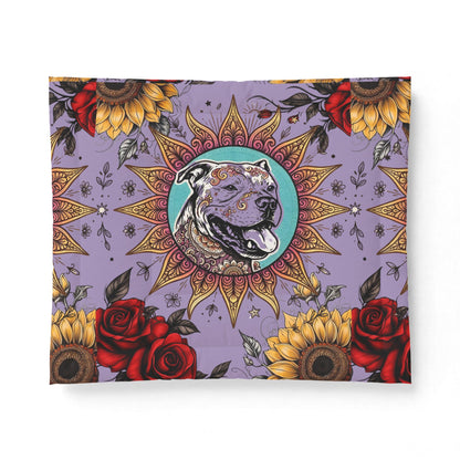 Sun Pittie with Sunflowers & Roses - Boho Floral Pet Portrait Cotton Comforter - Soft White Down Alternative Duvet