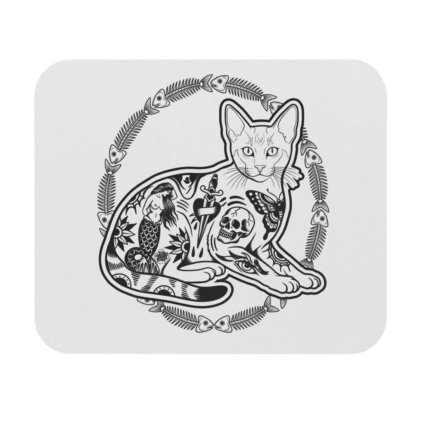 Tattooed Cat Fish Bones Circle Original Tattoo Artwork - Mouse Pad — Elegant White & Black Desk Mat