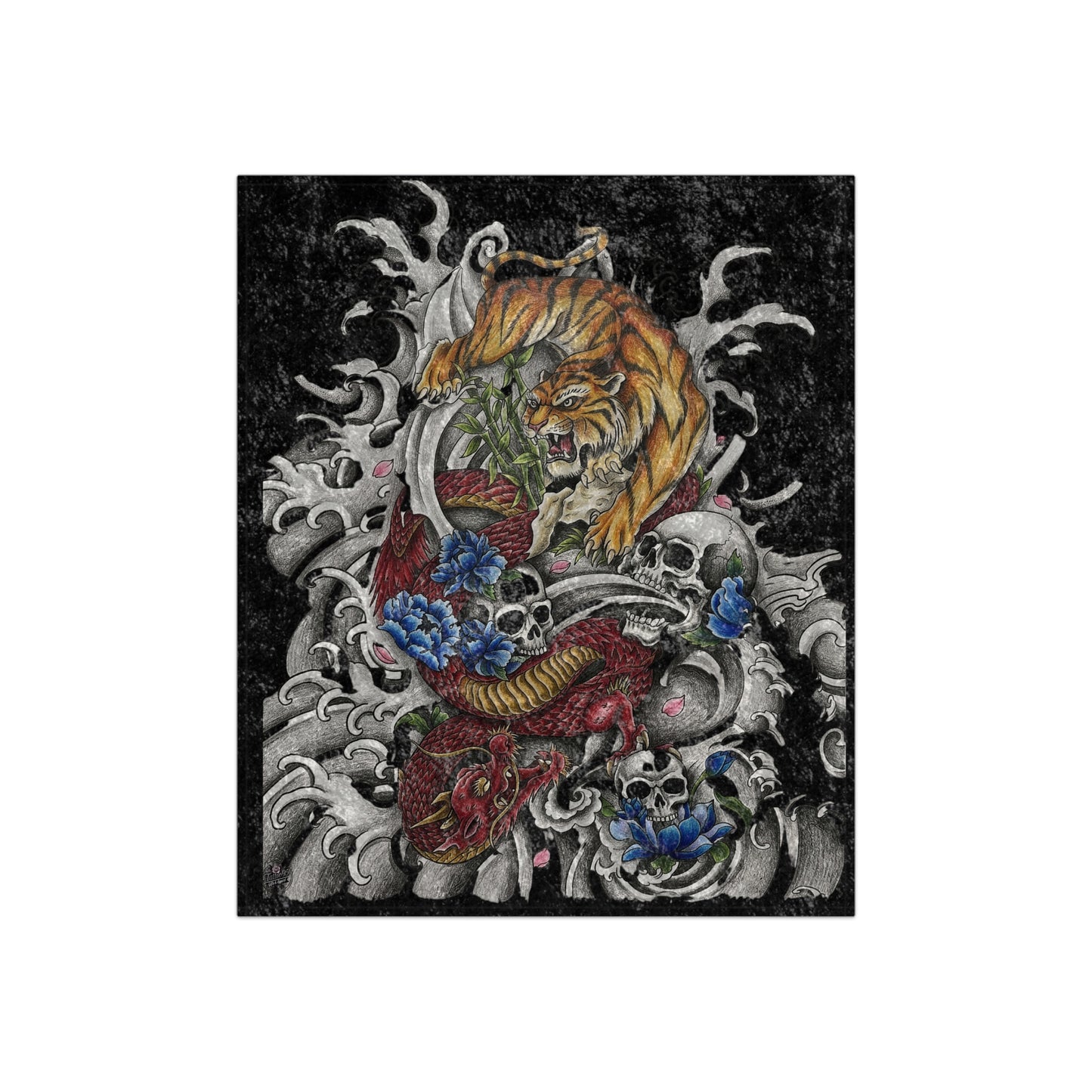 Tiger, Dragon & Skulls - Crushed Velvet Blanket