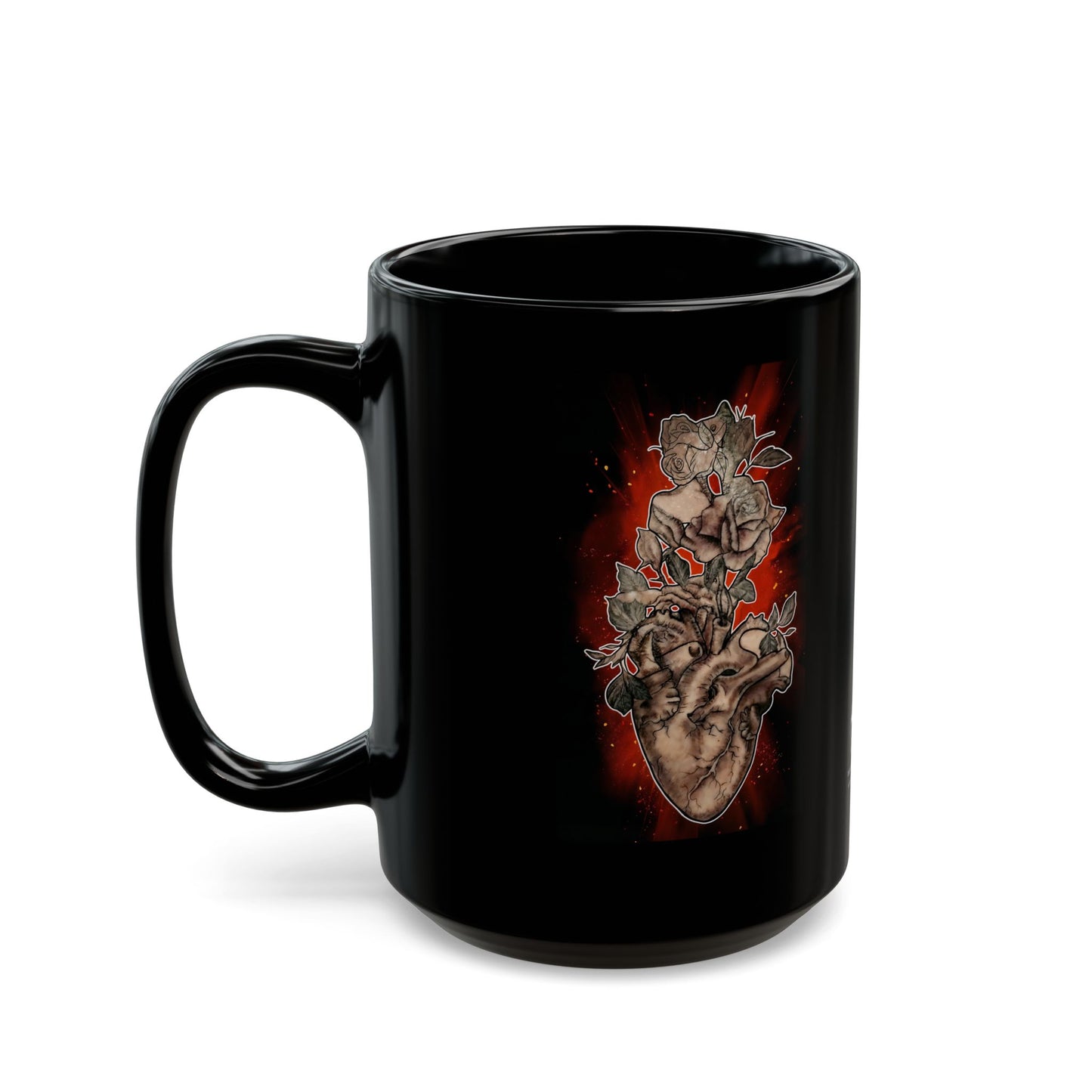 Anatomical Heart Tattoo Sephia w Red Burst - Ceramic Mug (11oz and 15oz)