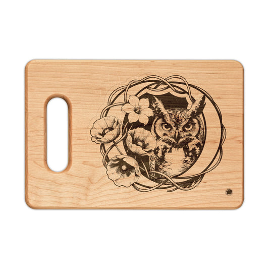 Owl & Floral Moon Wooden Cutting Board Engraved — Decorative Serving & Chopping Board