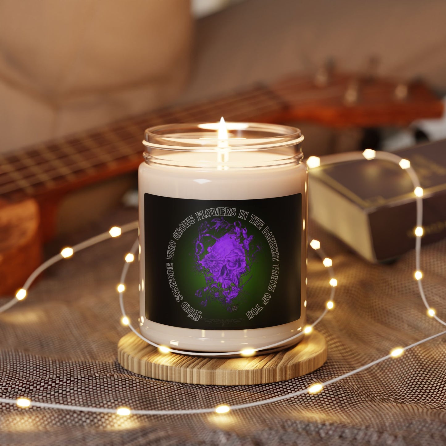Floral Skull and Dragonfly Tattoo Art (Purple) - Find Someone Who Grows Flowers in the Darkest Parts of You Quote 9oz Candle, Long-Burn Aromatic Candle Scented and unscented.