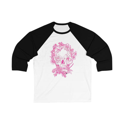 Floral Skull & Dragonfly Tattoo Art Baseball Tee (Pink)