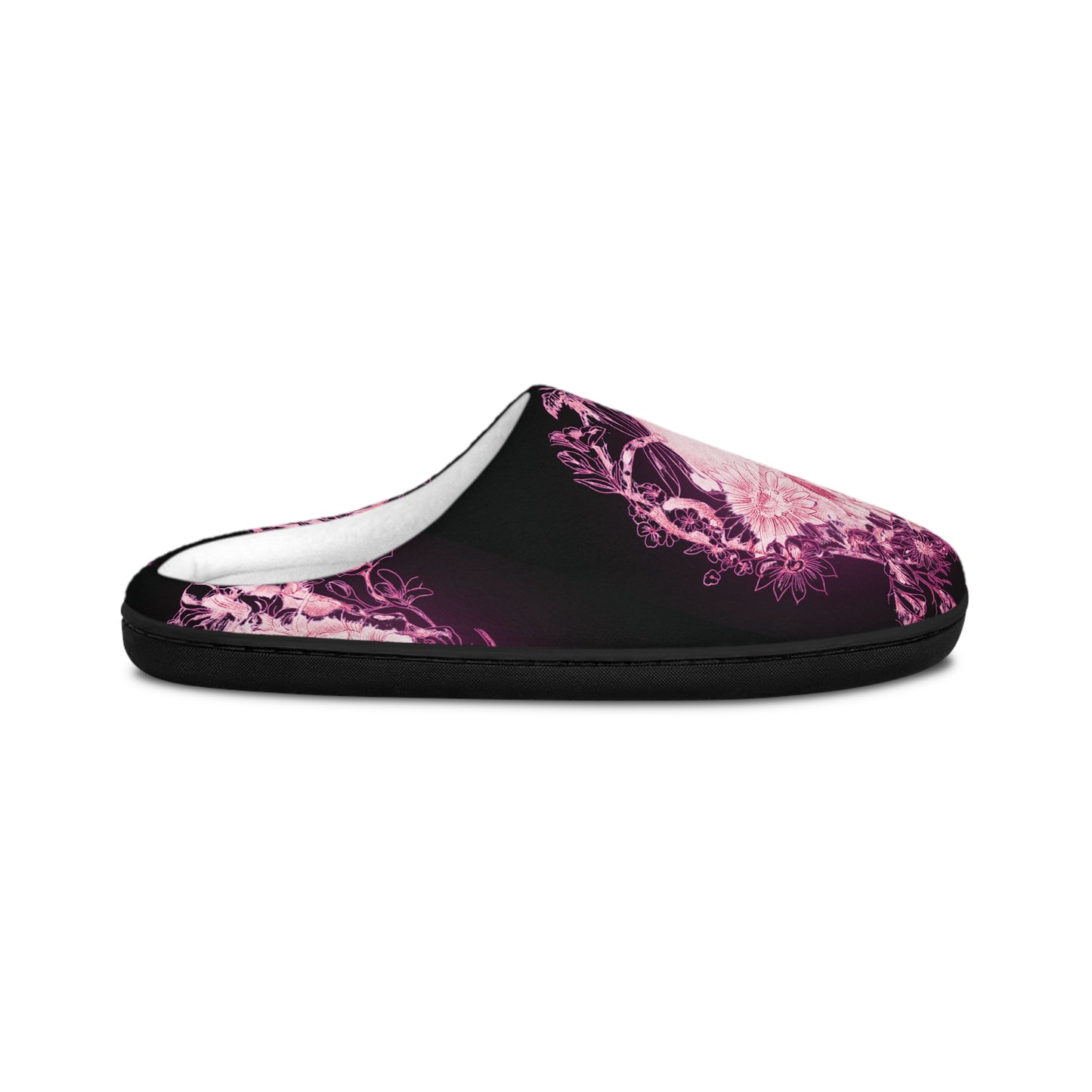 Floral Skull and Dragonfly Tattoo Art (Pink) - Black & Pink Comfy House Slippers