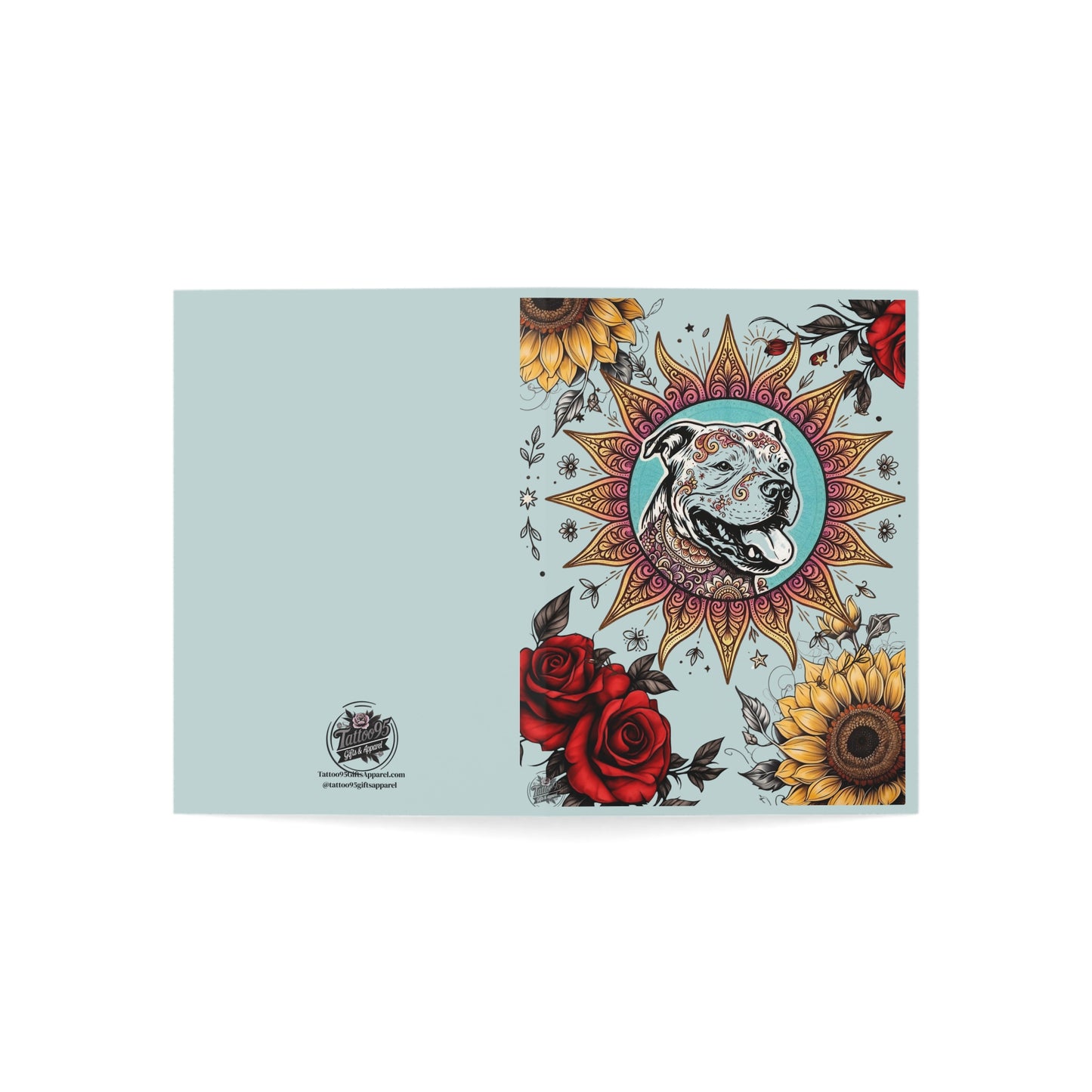 Sun Pittie with Sunflowers & Roses  Greeting Card — Original Tattoo Design (Pack of 1/10/30/50)