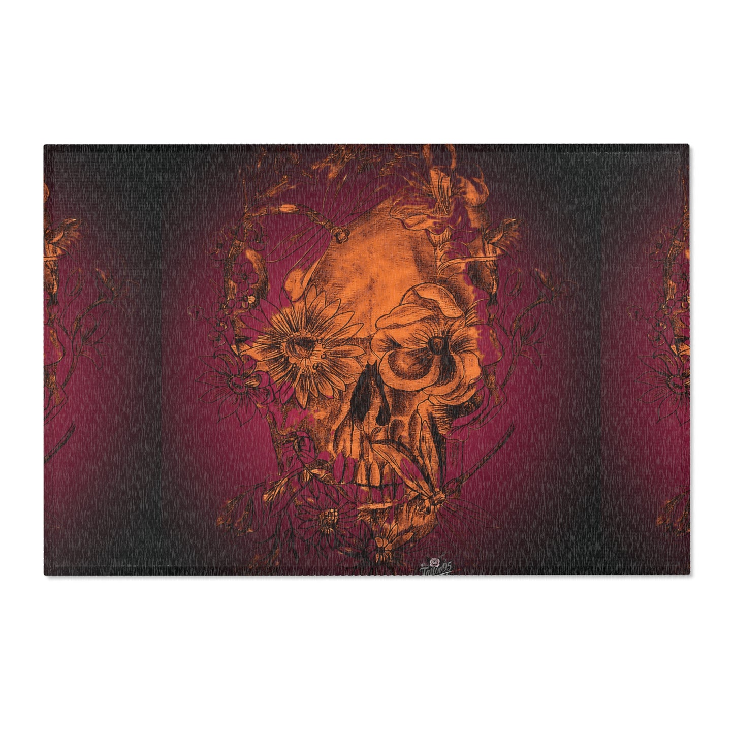 Floral Skull and Dragonfly Tattoo Art (Orange) - Area Rug