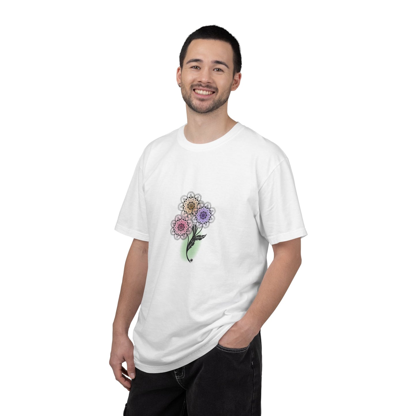 Skull Flower Mandela Trio - Unisex T-Shirt — Hand-Drawn Flower Bouquet & Sugar Skull Back Print