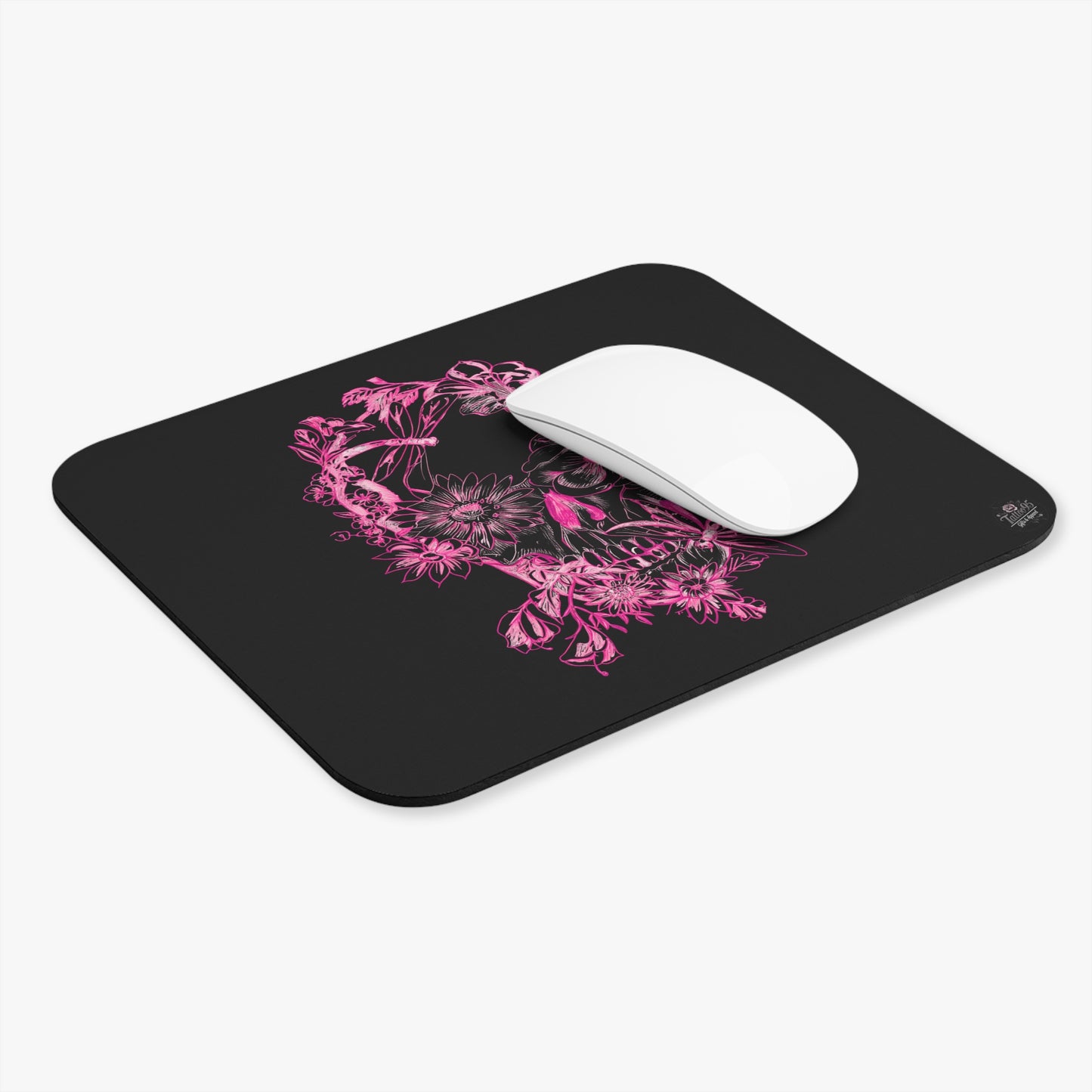 Floral Skull and Dragonfly Tattoo Art (Pink) - Mouse Pad — Elegant Purple & Black Desk Mat