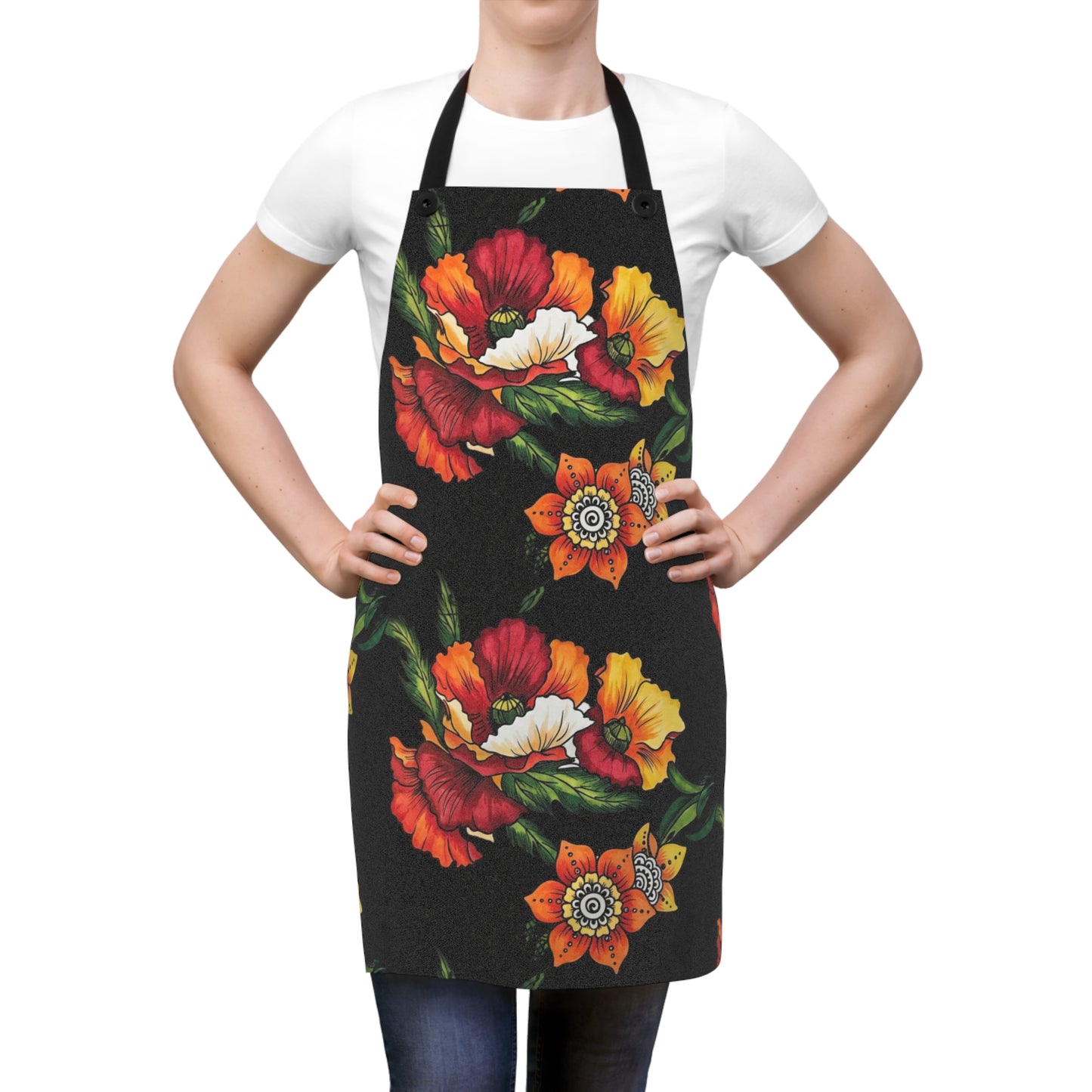 Orange & Red Poppy Flowers Original Tattoo Artwork - Black Apron