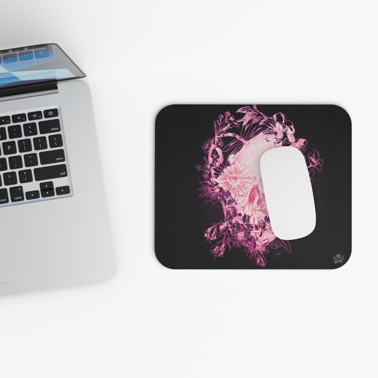 Floral Skull and Dragonfly Tattoo Art (Pink) - Mouse Pad — Elegant Purple & Black Desk Mat
