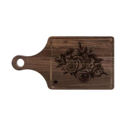 Snake & Roses Engraved Wooden Cutting Board — Decorative Paddle & Rectangular Serving Board