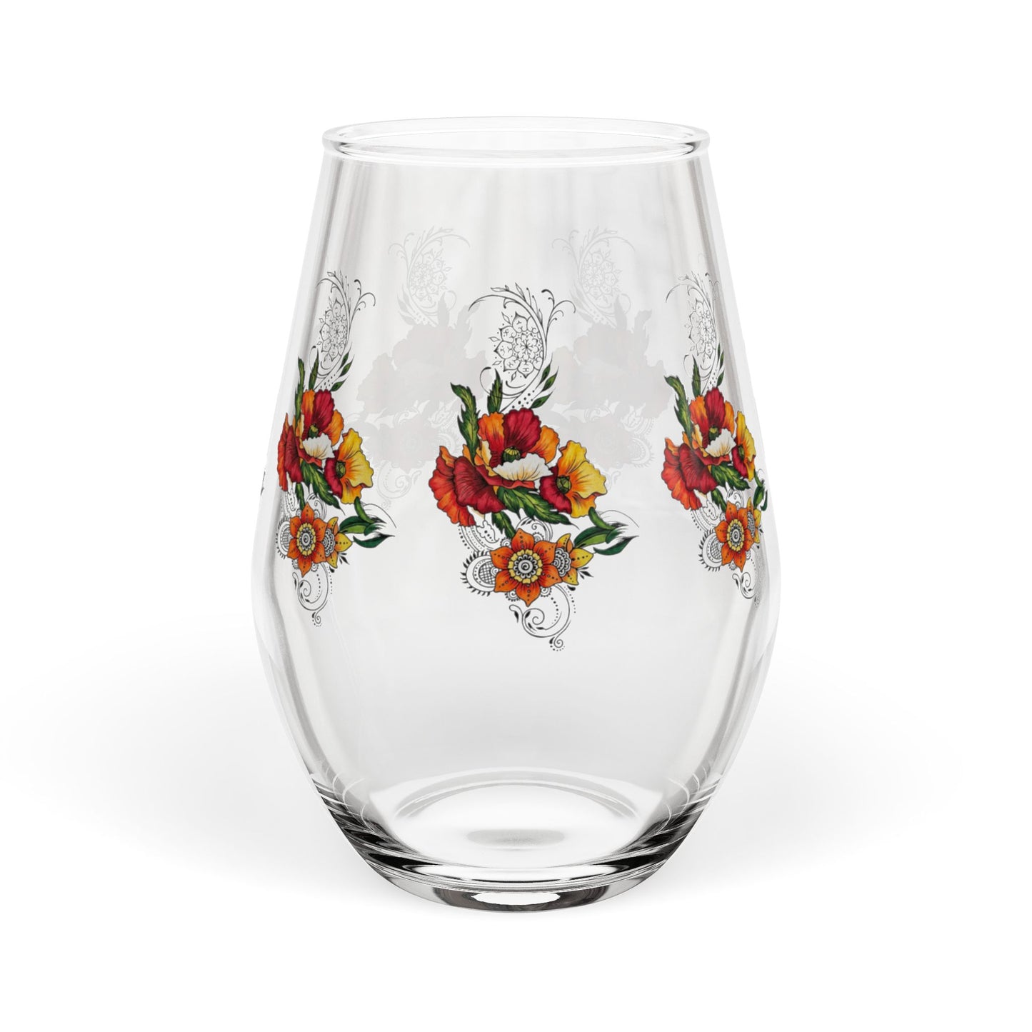 Orange & Red Poppy Flowers Original Tattoo Artwork - Stemless Wine Glass, 11.75oz