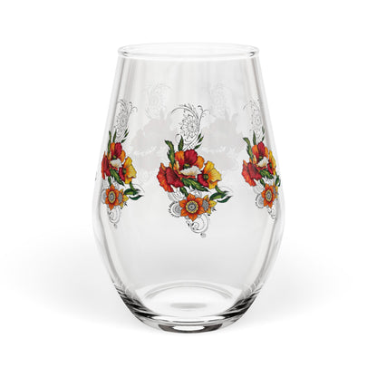 Orange & Red Poppy Flowers Original Tattoo Artwork - Stemless Wine Glass, 11.75oz