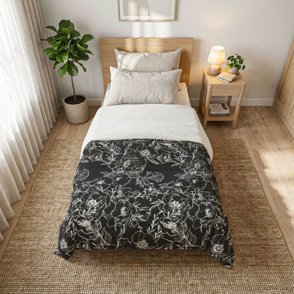 Peonies Tattoo Artwork (White) - on Black Cotton Comforter — Soft White Down Alternative Duvet Insert