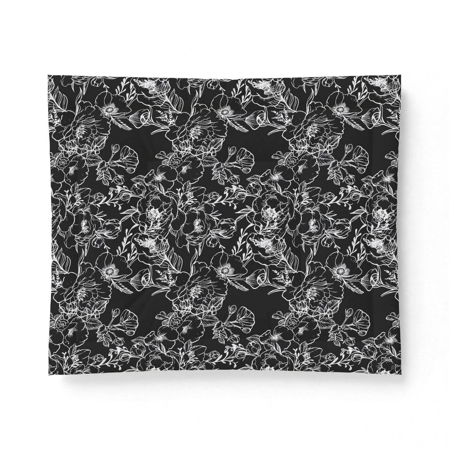 Peonies Tattoo Artwork (White) - on Black Cotton Comforter — Soft White Down Alternative Duvet Insert