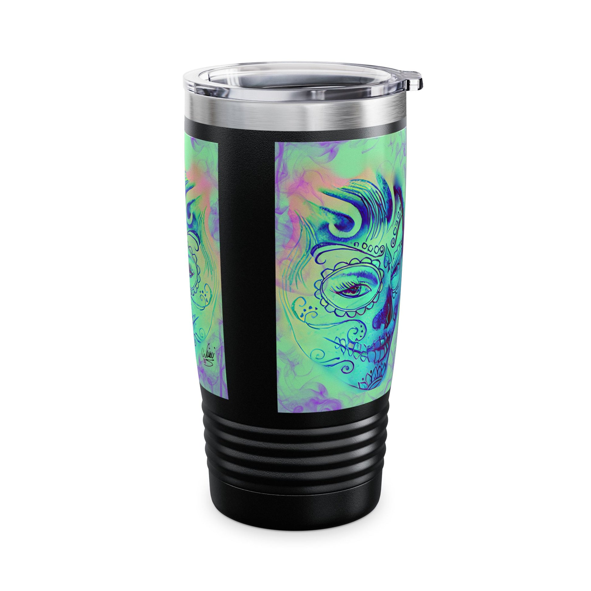 Black tumbler with colorful sugar skull design on a white background