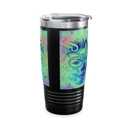 Black tumbler with colorful sugar skull design on a white background