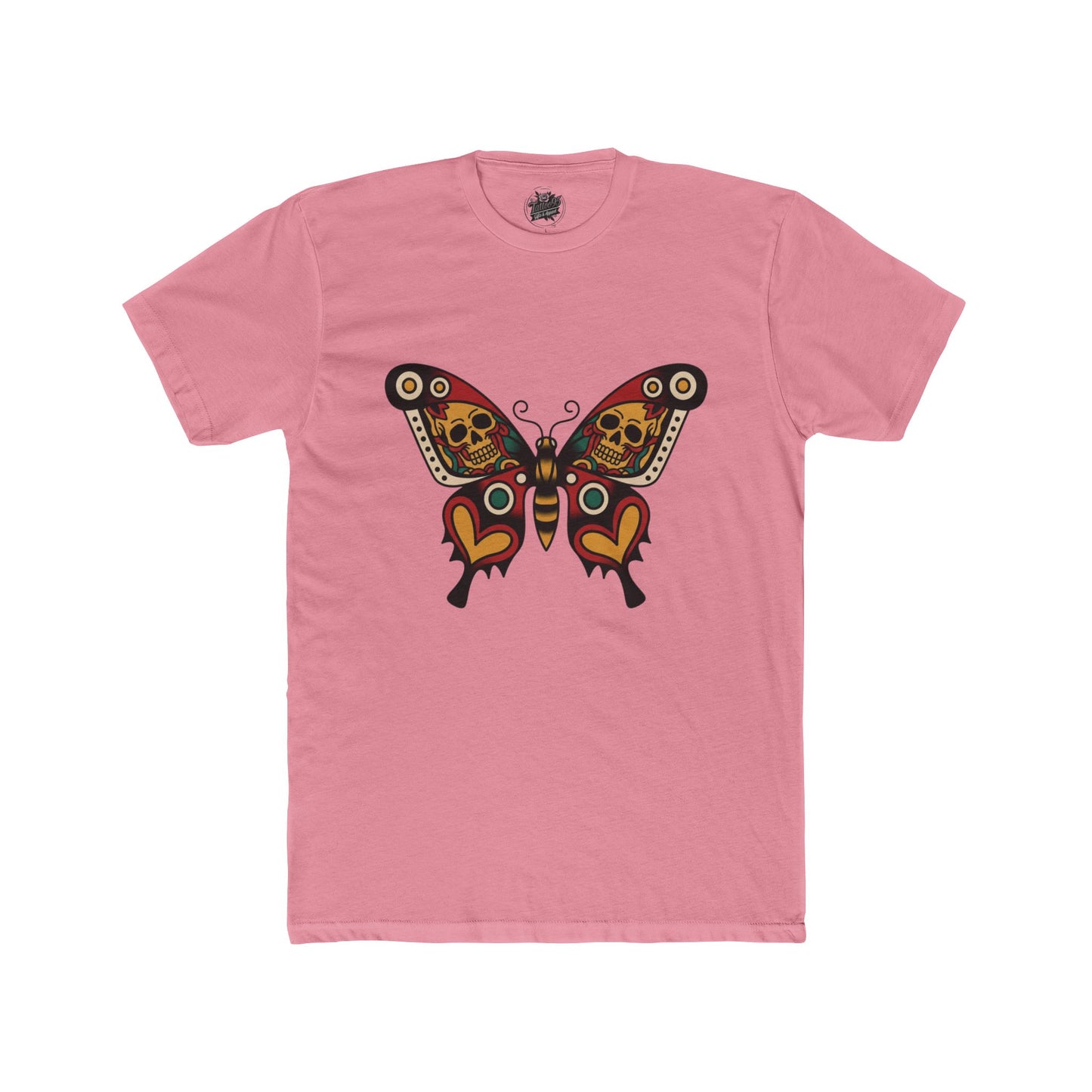 Moth & Skulls Crew Tee — Red Yellow & Green Graphic 'Quiet Promise' Cotton Tee
