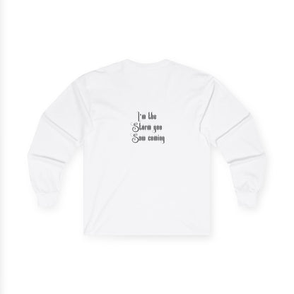 Live Free, Sail Wild Pirate Lady with Back Quote "I’m the Storm You Saw Coming" - Gildan Adult Long Sleeve Ultra Cotton T-Shirt