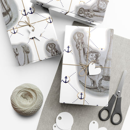 Vintage Sailor Girl Artwork Gift Wrap Paper — Nautical Retro Wrapping Sheets