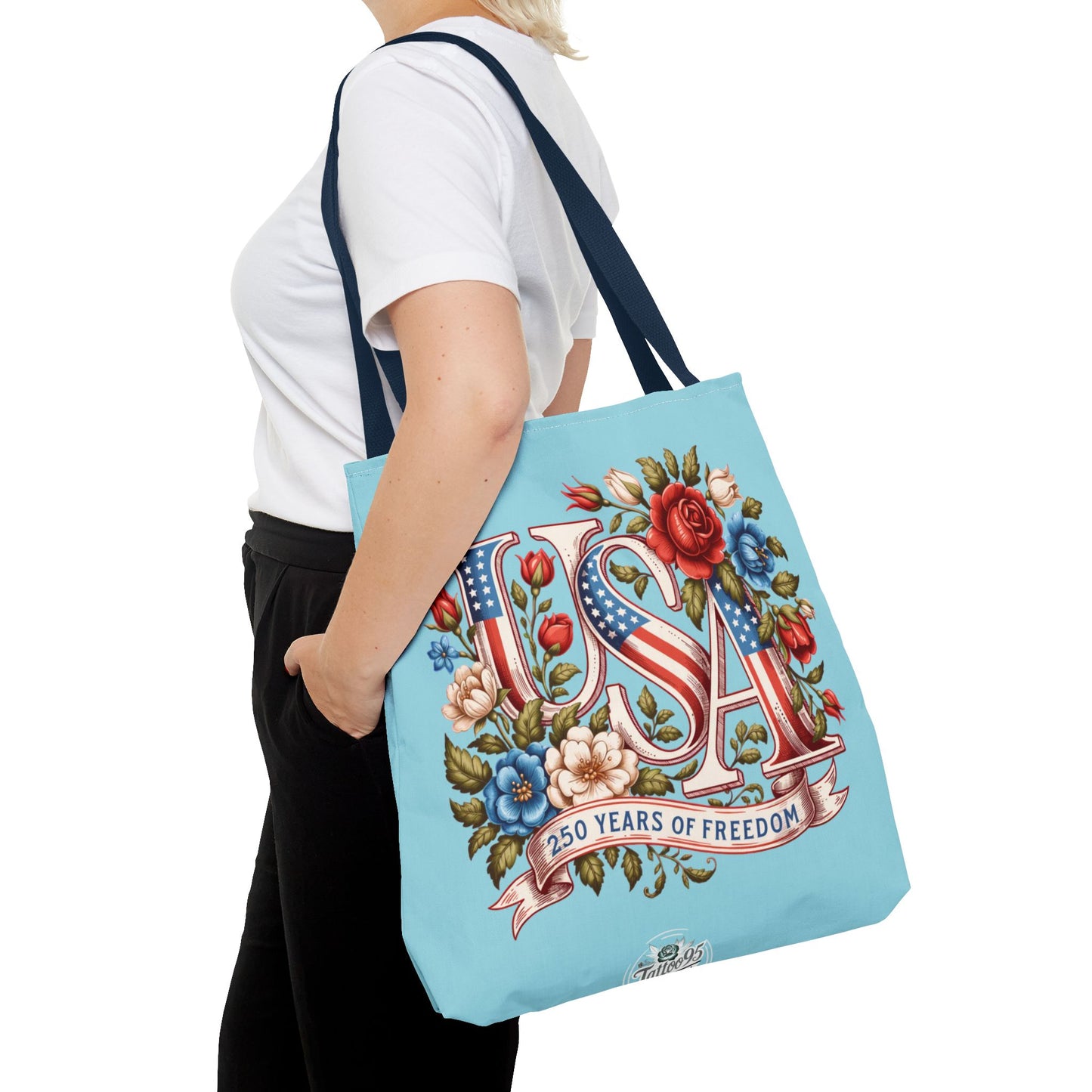 Floral USA -- Happy 250th Birthday America Tote Bag — Patriotic 4th of July Celebration Tote