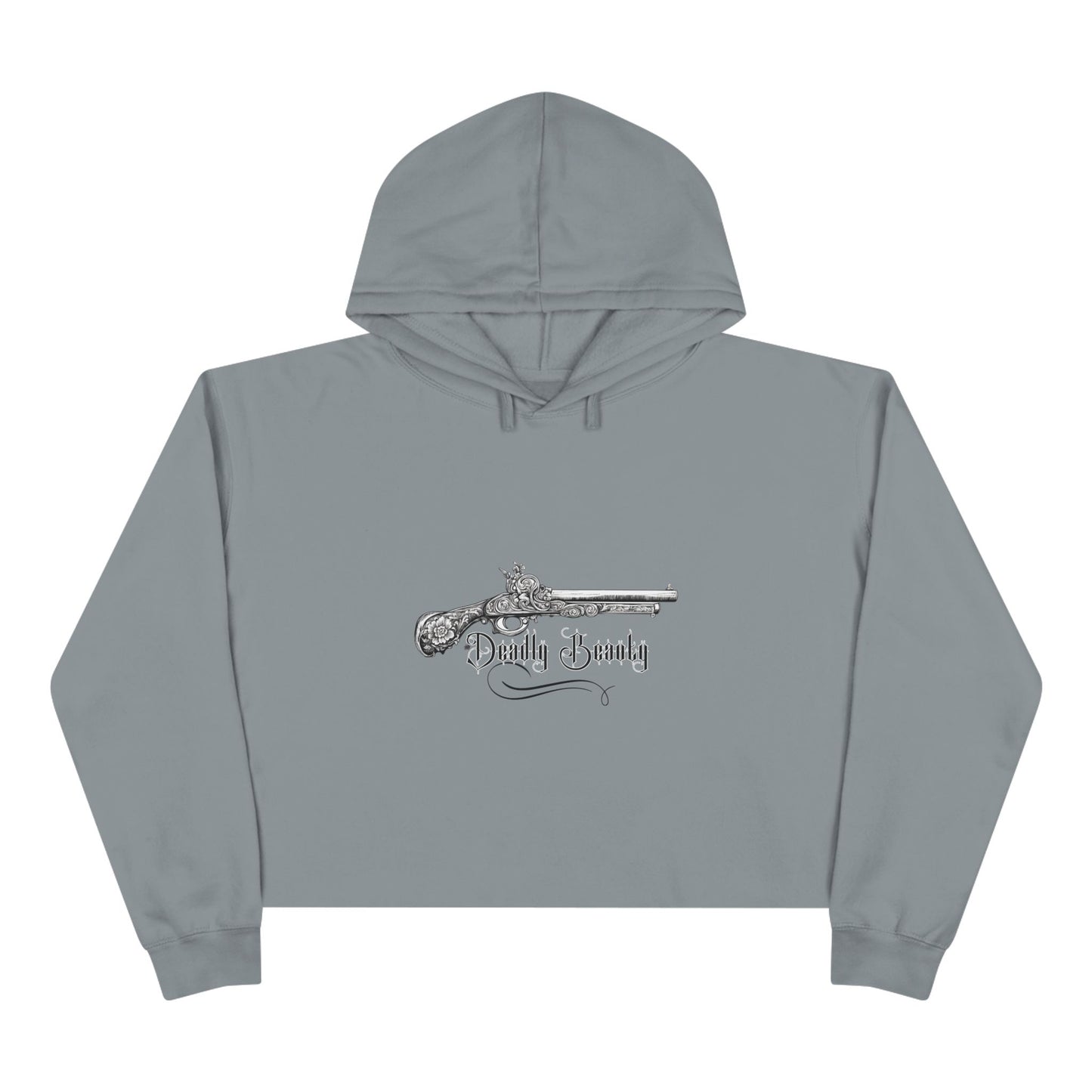 Gray hoodie with a graphic design on a white background