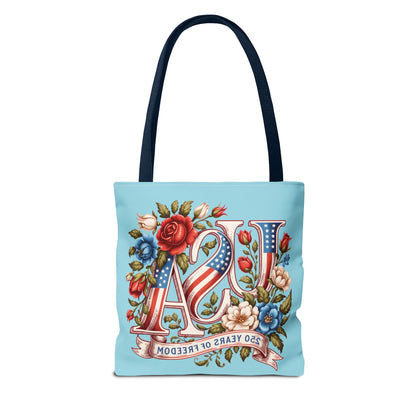 Floral USA -- Happy 250th Birthday America Tote Bag — Patriotic 4th of July Celebration Tote