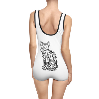 Vintage Cat One-Piece Swimsuit — Black & White Tattoo-Style Cat AOP
