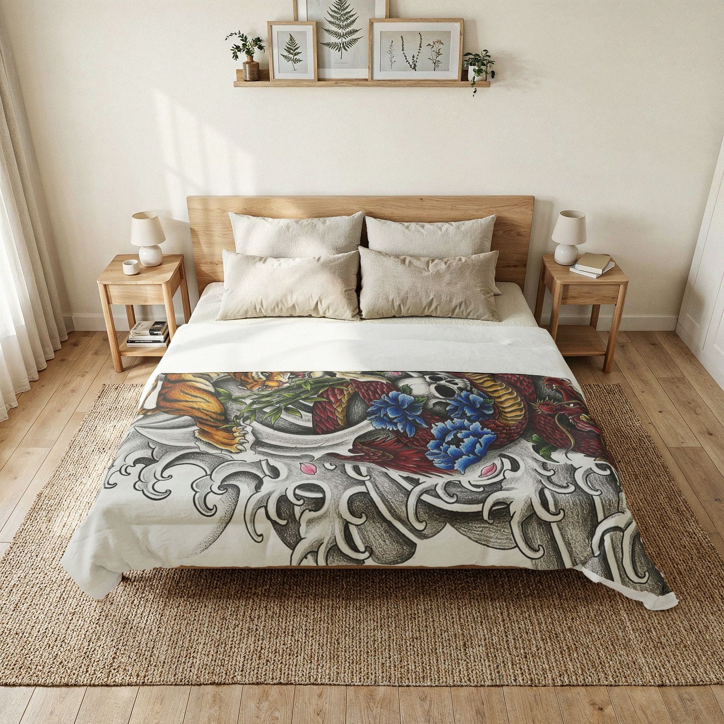 Tiger, Dragon & Skulls Cotton Comforter - Soft White Down Alternative Duvet - Japanese Style Bedding