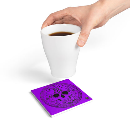 Sugar Skull - Round/Square Ceramic Drink Coaster— Purple Black Day of the Dead Decorative