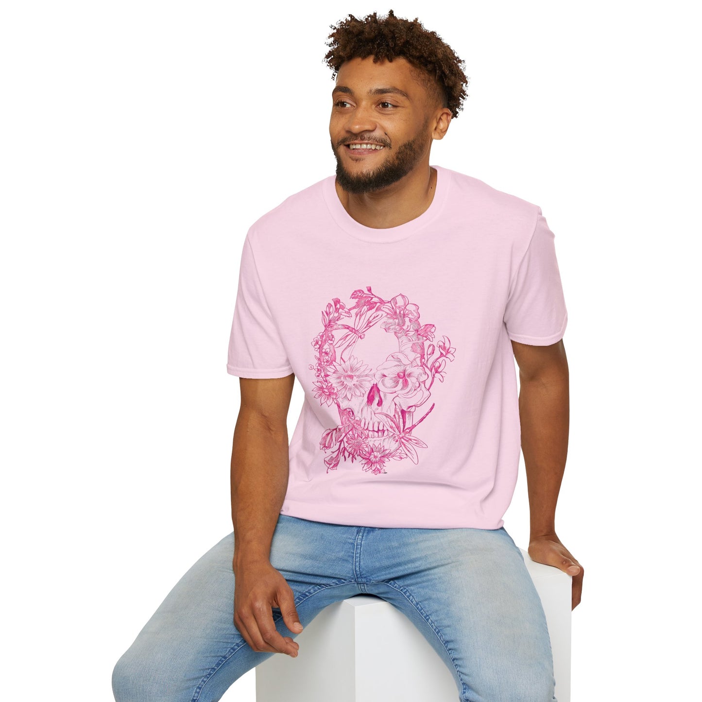Floral Skull and Dragonfly Tattoo Art (Pink) - Unisex Softstyle T-Shirt