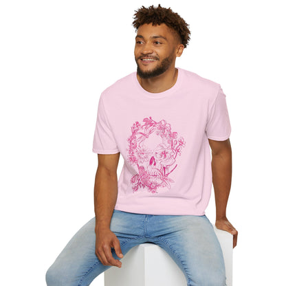 Floral Skull and Dragonfly Tattoo Art (Pink) - Unisex Softstyle T-Shirt