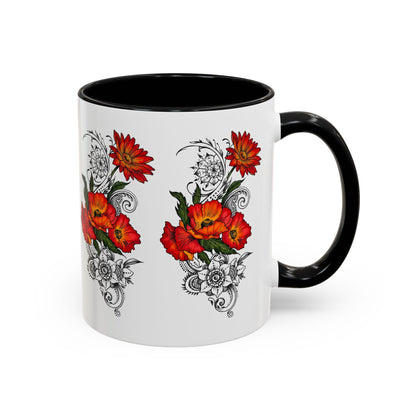 Orange & Red Poppy Flowers Original Tattoo Artwork - Coffee Mug (11oz & 15oz) Your choice of Interior & Handle choices