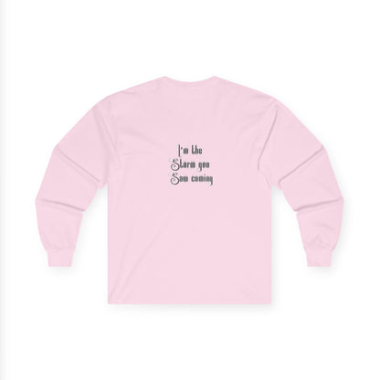 Live Free, Sail Wild Pirate Lady with Back Quote "I’m the Storm You Saw Coming" - Gildan Adult Long Sleeve Ultra Cotton T-Shirt
