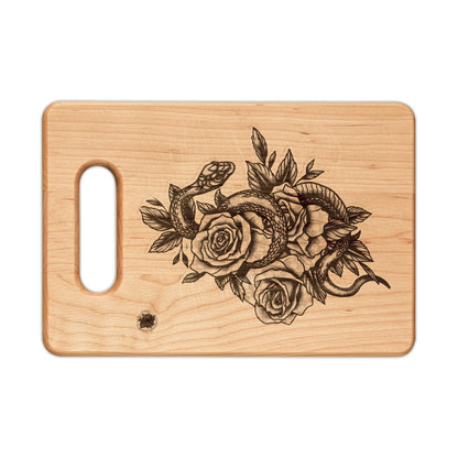 Snake & Roses Engraved Wooden Cutting Board — Decorative Paddle & Rectangular Serving Board