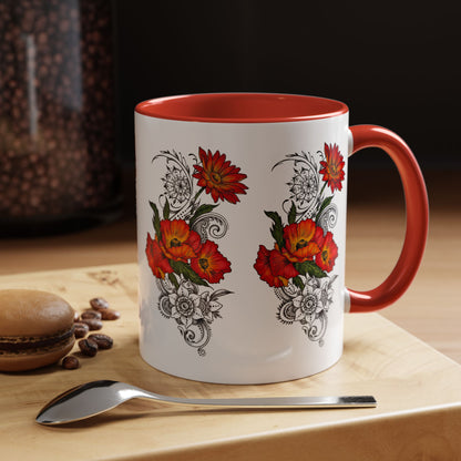Orange & Red Poppy Flowers Original Tattoo Artwork - Coffee Mug (11oz & 15oz) Your choice of Interior & Handle choices